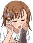  adjusting_hair blush brown_hair censored closed_eyes fellatio flower hair_flower hair_ornament hairpin hetero misaka_mikoto mochi_mame mosaic_censoring open_mouth oral penis precum school_uniform short_hair sweat sweater_vest to_aru_kagaku_no_railgun to_aru_majutsu_no_index tongue 