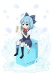  1girl bad_id bad_pixiv_id blue_eyes blue_hair cirno food frog frozen frozen_frog hair_ribbon highres ice ice_cream ice_wings mary_janes purin_jiisan ribbon shoes sitting sitting_on_object snowflakes solo touhou wings 