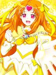  :d bad_id bad_pixiv_id bow brooch choker circlet cure_muse_(yellow) hair_ribbon happy heart jewelry long_hair magical_girl musical_note open_mouth orange_hair outstretched_hand pink_eyes precure ribbon shirabe_ako smile solo suite_precure tashigai yellow yellow_bow yellow_choker 