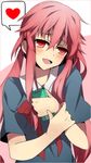  bad_id bad_pixiv_id blush cellphone gasai_yuno heart kako11 mirai_nikki open_mouth phone pink_hair red_eyes ribbon school_uniform simple_background smile solo spoken_heart twintails 