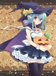  black_legwear blue_hair bracelet cape dress food_themed_hair_ornament hair_ornament halloween hat holding jack-o'-lantern jewelry original pointy_ears pumpkin pumpkin_hair_ornament red_eyes short_hair sidelocks solo star takase_kanan thighhighs witch_hat wrist_cuffs 