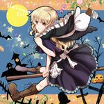  2011 bat blonde_hair boots broom candy chocolate cross food halloween hat hat_removed headwear_removed holding holding_hat jack-o'-lantern kirisame_marisa meet moon pumpkin smile solo star tombstone touhou witch_hat yellow_eyes 