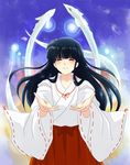  black_hair closed_eyes commentary_request creature facing_viewer glowing hakama highres inuyasha japanese_clothes kikyou_(inuyasha) long_hair miko open_hands outstretched_arms outstretched_hand red_hakama shinidamachuu smile tears tennen_shiori wide_sleeves youkai 
