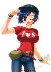  absurdres adjusting_clothes adjusting_hat bag belt blue_hair blush breasts copyright_request covered_navel dated denim hat highres impossible_clothes jeans katagiri_hinata large_breasts one_eye_closed pants purple_eyes shirt short_hair signature simple_background smile solo taut_clothes taut_shirt white_background wristband 