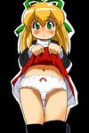  bad_id bad_pixiv_id blonde_hair boots dress dress_lift green_eyes hair_ribbon looking_at_viewer navel panties red_skirt ribbon rockman rockman_(classic) roll simple_background skirt solo standing tau_(artist) thigh_gap underwear 