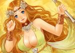  blue_eyes bracer breasts circlet cleavage collar curly_hair dress final_fantasy final_fantasy_xiv hair_ornament large_breasts long_hair mozuyun nophica paw_pose smile solo staff 