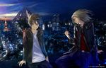  belt black_jacket blonde_hair blue_sky brown_eyes brown_hair building city city_lights cityscape closed_mouth guilty_crown hair_between_eyes holding jacket leather leather_jacket long_hair long_sleeves looking_at_viewer looking_down male_focus multiple_boys night official_art open_clothes open_jacket ouma_shuu outdoors red_shirt redjuice scenery shirt sky skyscraper sunrise tokyo_tower tsutsugami_gai twilight watermark white_shirt wind 