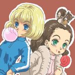  blonde_hair blue_eyes brown_hair bubble_blowing candy charlie_and_the_chocolate_factory chewing_gum eating food green_eyes hand_on_hip kasuga_(kasuga39) licking lollipop long_hair looking_away lowres multiple_girls short_hair simple_background squirrel swirl_lollipop tongue veruca_salt violet_beauregarde 