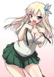  blonde_hair blue_eyes blush boku_wa_tomodachi_ga_sukunai breasts butterfly_hair_ornament cleavage gradient gradient_background hair_ornament kashiwazaki_sena large_breasts long_hair looking_at_viewer open_mouth school_uniform sketch solo st._chronica_academy_uniform tsukishiro_kou undressing 