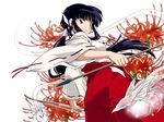  arrow artist_request black_hair bow_(weapon) creature flower hakama holding inuyasha japanese_clothes kikyou_(inuyasha) long_hair looking_at_viewer looking_back miko official_art ponytail red_hakama shinidamachuu spider_lily wallpaper weapon youkai 
