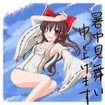  brown_hair detached_sleeves hair_ribbon hair_tubes hakurei_reimu highres long_hair monrooru one-piece_swimsuit red_eyes ribbon school_swimsuit shochuumimai solo swimsuit touhou white_school_swimsuit white_swimsuit 