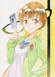  agahari brown_eyes brown_hair card glasses grey_card grin holding holding_card jacket jewelry necklace open_clothes open_jacket persona persona_4 satonaka_chie short_hair smile solo track_jacket traditional_media 