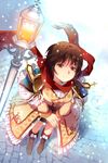  artist_request boots breasts brown_eyes brown_hair frills lace lamppost long_coat lowres medium_breasts red_scarf scarf short_hair skirt snowing solo sword_girls 