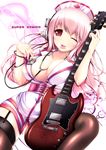  belt between_breasts breasts character_name cleavage electric_guitar garter_straps guitar hat headphones highres huge_breasts instrument long_hair mouth_hold nitroplus nurse nurse_cap one_eye_closed pink_eyes pink_hair plectrum solo stethoscope super_sonico thighhighs yuncha 