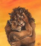  (tagmeplease!) couple feline female hug licking lion male mammal mane outside remember_how_we_were sky straight tongue yellow_eyes 