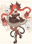  absurdres alternate_costume animal_ears bow braid cat_ears cat_tail fangs fingernails hair_bow high_heels highres kaenbyou_rin long_fingernails long_hair multiple_tails nekomata one_eye_closed pantyhose print_legwear red_hair shoes skull slit_pupils solo tail touhou twin_braids yutsumoe 