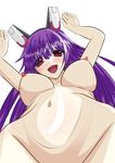  animal_ears blush breasts bunny_ears from_below highres infinite_stratos large_breasts long_hair navel nipples nude open_mouth purple_hair red_eyes shinonono_tabane smile solo 