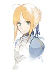  ahoge armor artoria_pendragon_(all) blonde_hair face fate/stay_night fate_(series) green_eyes hair_bun hair_ribbon ribbon saber serious shirabi short_hair sketch solo upper_body 