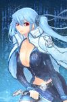  artist_request belt blue_hair breasts cleavage coat earrings jewelry large_breasts long_hair lowres luthica_preventer open_clothes red_eyes skirt solo sword sword_girls twintails weapon 