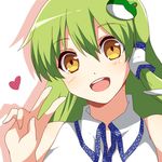  bad_id bad_pixiv_id bare_shoulders blush close-up face frog green_hair hair_between_eyes hair_ornament hair_tubes heart kochiya_sanae long_hair open_mouth sakuraba_hinano smile snake solo touhou v yellow_eyes 