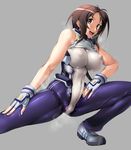  bodysuit breasts breath brown_hair covered_nipples fingerless_gloves gloves grey_background highres impossible_clothes kyoukaisenjou_no_horizon large_breasts long_hair open_mouth oriotorai_makiko purple_eyes shoes simple_background skin_tight sneakers solo spread_legs steam stretch sweat zundarepon 