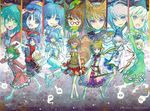  amano_miyabi animal_ears aqua_eyes aqua_hair arms_up blue_eyes broom brown_eyes brown_hair close-up dress earmuffs face futatsuiwa_mamizou glasses green_dress grey_eyes hair_rings hat japanese_clothes jiangshi jug kaku_seiga kariginu kasodani_kyouko leaf leaf_on_head light_smile miyako_yoshika mononobe_no_futo mouth_hold multiple_girls ofuda open_mouth outstretched_arms pince-nez purple_eyes raccoon_ears raccoon_tail scabbard sheath short_hair silver_hair soga_no_tojiko sword tail ten_desires touhou toyosatomimi_no_miko traditional_media watercolor_(medium) weapon wings zombie_pose 