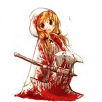  akikan_(watashi_no_sekai) axe blonde_hair blood blood_on_face bloody_clothes bloody_hair final_fantasy final_fantasy_tactics gloves hair_over_shoulder hood long_hair open_mouth red_eyes robe simple_background solo twintails waving weapon white_mage white_mage_(fft) 