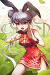  animal_ears bell bow bracelet bunny_ears china_dress chinese_clothes double_bun dress eyebrows fang gilse grey_hair jewelry lowres open_mouth red_eyes ribbon solo sword_girls 