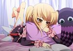  barefoot bed blonde_hair book curtains dress elize_lutus frills legs_up long_hair lying nigo_(aozoragarou) on_stomach pillow tales_of_(series) tales_of_xillia teepo_(tales) yellow_eyes 