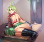  :q ahoge bare_shoulders bow_(bhp) breasts cleavage controller game_controller gloves green_eyes green_hair lying medium_breasts on_side original scarf solo tongue tongue_out 
