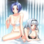  ahoge bad_id bad_pixiv_id bare_shoulders bikini black_bikini blue_hair blush breasts cleavage collarbone hairband idolmaster idolmaster_(classic) large_breasts long_hair medium_breasts miura_azusa multiple_girls navel red_eyes risutan shijou_takane short_hair silver_hair swimsuit white_bikini 