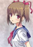  blush brown_hair face hair_ribbon highres looking_at_viewer matsui_hiroaki open_mouth original red_eyes ribbon school_uniform short_hair short_twintails solo twintails upper_body 