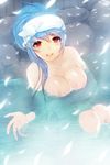  artist_request bathing blue_hair breasts censored cleavage convenient_censoring large_breasts looking_at_viewer lowres luthica_preventer nude onsen ponytail red_eyes sitting solo steam sword_girls towel wet 