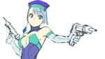  blue_eyes blue_hair blue_rose_(tiger_&amp;_bunny) breasts cleavage crystal_earrings dual_wielding earrings elbow_gloves gloves gun hat highres holding jewelry karina_lyle medium_breasts metadora short_hair single_earring sketch solo tiger_&amp;_bunny transparent_breasts_pads weapon 
