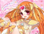  beamed_eighth_notes boots bow brooch character_name choker circlet cure_muse_(yellow) eighth_note hair_ribbon heart jewelry knee_boots long_hair magical_girl musical_note noa_(matthew!) orange_hair precure red_eyes ribbon shirabe_ako sitting smile solo suite_precure treble_clef yellow_bow yellow_choker 