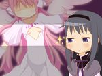  akemi_homura black_hair blush breasts choker cleavage_cutout flat_chest hair_ribbon hairband kaname_madoka long_hair magical_girl mahou_shoujo_madoka_magica moto_(pixiv409535) multiple_girls no_eyes purple_eyes ribbon shaded_face small_breasts sparkle spoilers staring two_side_up ultimate_madoka wings 