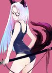  animal_ears eyepatch katana long_hair multiple_tails one-piece_swimsuit original pink_background red_eyes school_swimsuit shirabi simple_background solo swimsuit sword tail weapon white_hair 