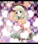  bad_id bad_pixiv_id blue_flower blue_rose blush checkered checkered_background eyeball floral_print flower green_eyes green_hair hand_on_forehead hat hat_ribbon heart komeiji_koishi letterboxed long_hair long_sleeves outstretched_hand pink_flower pink_rose ribbon rose skirt sleeves_past_wrists smile solo stained_glass third_eye toto-tan touhou 