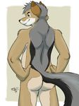  anthro back back_turned black_nose brown_fur butt canine fur grey_fur jackal looking_at_viewer looking_back male mammal nogitsunegabriel nude pose simple_background smile solo standing tabernak 