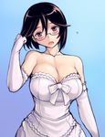  adjusting_hair bare_shoulders bespectacled blush breasts brown_eyes brown_hair cleavage dress elbow_gloves glasses gloves large_breasts older open_mouth ribbon rozen_maiden solo souseiseki tsuda_nanafushi wedding_dress white_dress 