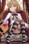  blood blood_in_mouth bow brown_hair buttons chain chair checkered frilled_pillow frills gilse holster lignigese long_sleeves lowres panties pillow pleated_skirt red_eyes ribbon short_hair sitting skirt smile socks solo striped striped_legwear striped_panties sword_girls thigh_holster thighhighs underwear vampire 
