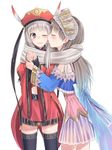  atelier_(series) atelier_judie atelier_totori black_legwear blush closed_eyes couple crossover dress grey_eyes hands_together hat headdress judith_volltone licking long_hair multiple_girls one_eye_closed open_mouth profile ribbon scarf silver_hair simple_background suzushiro_yukari teardrop thighhighs tongue tongue_out totooria_helmold yuri 