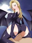  ass atlus blonde_hair blue_eyes blush demon_girl elbow_gloves fang female girl_on_top gloves latex lipstick makeup penis pointy_ears red_lipstick rubber shin_clothes shin_megami_tensei smile succubus(shin_megami_tensei) succubus_(megami_tensei) thighhighs uk-violet wings 
