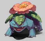  fangs fighting_stance flower gen_1_pokemon grey_background leaf looking_at_viewer no_humans open_mouth pokemon pokemon_(creature) red_eyes shihou_(g-o-s) simple_background venusaur 