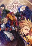  6+boys ahoge armor artoria_pendragon_(all) assassin_(fate/zero) bad_id bad_pixiv_id bare_shoulders berserker_(fate/zero) black_eyes black_hair blonde_hair caster_(fate/zero) cigarette closed_eyes earrings emiya_kiritsugu fate/zero fate_(series) gilgamesh gun highres irisviel_von_einzbern jewelry lancer_(fate/zero) long_hair looking_at_viewer multiple_boys multiple_girls necktie red_eyes red_hair rider_(fate/zero) saber silver_hair very_long_hair weapon zerocastle 