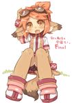  blush canine class_of_heroes clothing dwarf dwarf_(coh) eyewear female fox goggles hair japanese_text looking_at_viewer mammal orange_hair shoes short_hair short_orange_hair shorts sitting solo text video_games 