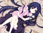  accel_world antenna_hair arita_haruyuki bad_id bad_pixiv_id bare_shoulders bed_sheet black_hair blush convenient_leg copyright_name dress hug kuroyukihime long_hair looking_at_viewer lying mishima_kurone off_shoulder on_back orange_eyes pale_skin pig smile strap_slip very_long_hair 