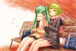  autumn_leaves bag bench blush can eyewear_on_head glasses green_eyes green_hair gumi hair_ribbon hatsune_miku kokotetsu long_hair multiple_girls open_mouth ribbon scarf school_uniform sitting skirt skirt_set smile twintails vocaloid 