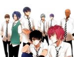  bald black_hair brown_hair dark_skin dark_skinned_male kirihara_akaya kuwahara_jackal male_focus marui_bunta multiple_boys necktie niou_masaharu oto_(phenomenon) purple_hair red_hair sanada_gen'ichirou shirt simple_background striped striped_neckwear tennis_no_ouji-sama white_hair white_shirt wristband yagyuu_hiroshi yanagi_renji yukimura_seiichi 