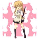  :d ^_^ apron black_legwear blonde_hair blush_stickers closed_eyes hand_on_own_face heart katana kneehighs kouji_(campus_life) loafers long_hair md5_mismatch open_mouth scabbard sheath shoes smile solo standing sword todoroki_yachiyo waitress weapon working!! 